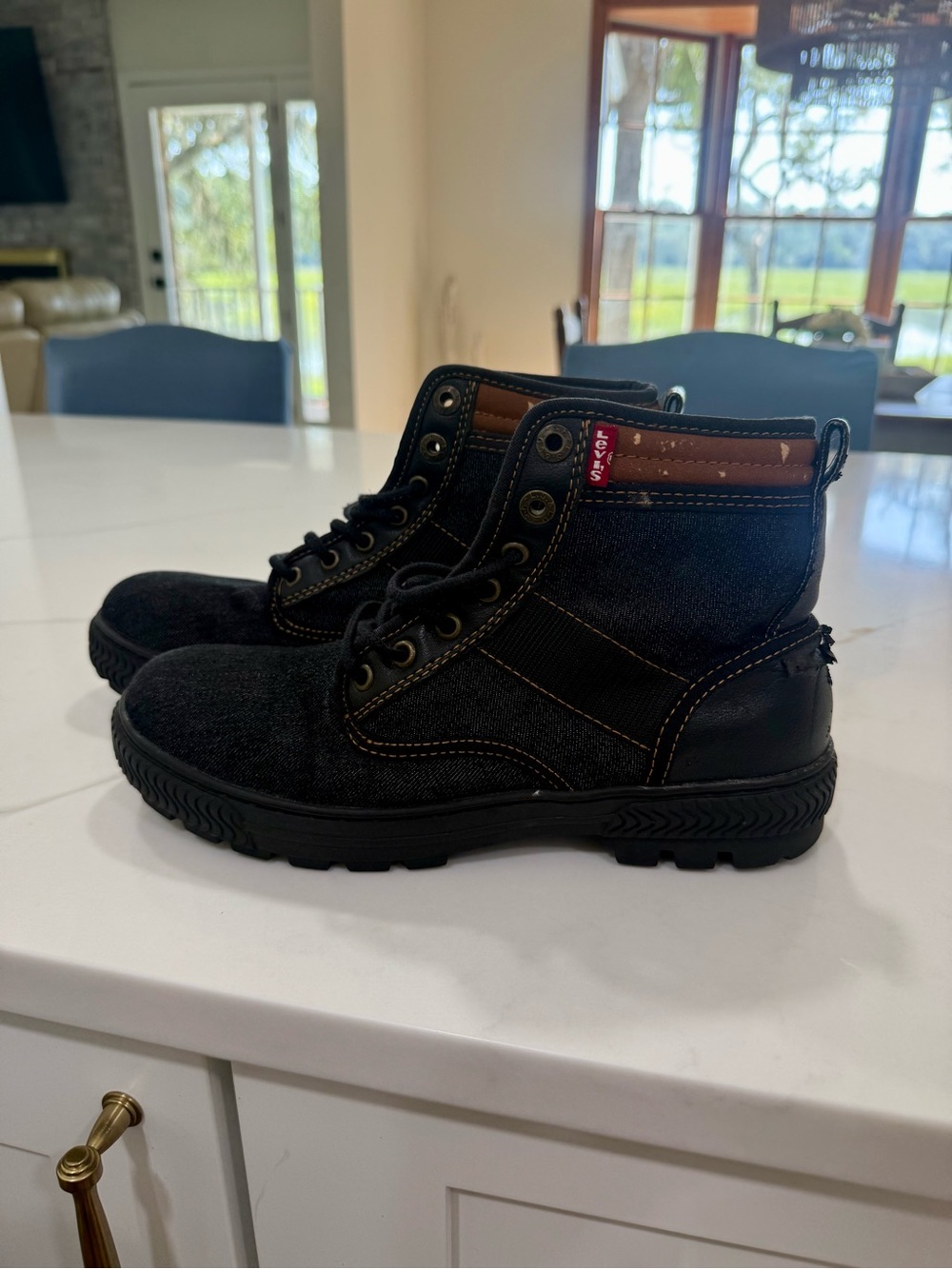 Levi's Kids Black Denim Lace-Up Ankle Boots with Brown Trim